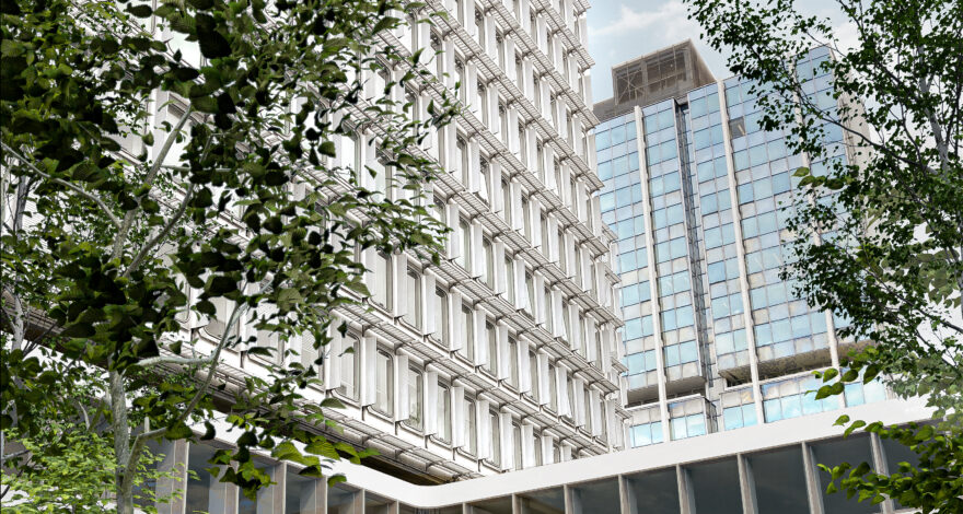 Vue du bâtiment V de l'UNESCO à Paris en cours de réhabilitation.