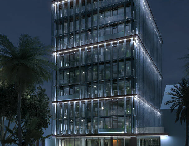 The bureau vue de nuit du bâtiment