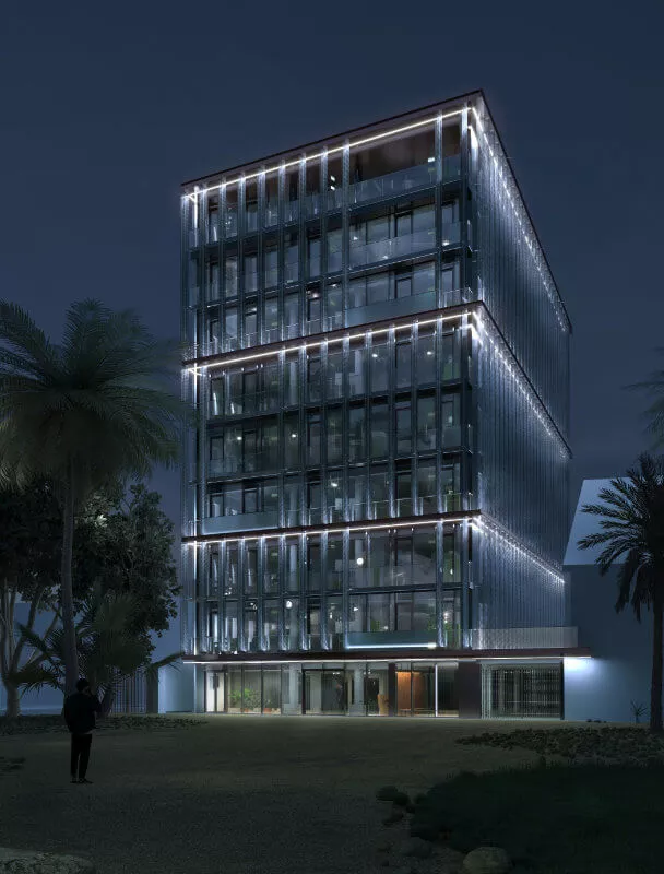 The bureau vue de nuit du bâtiment
